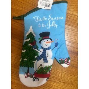 Christmas House Snowman Oven Mitt Blue Tis The Season To Be Jolly Holiday 13in